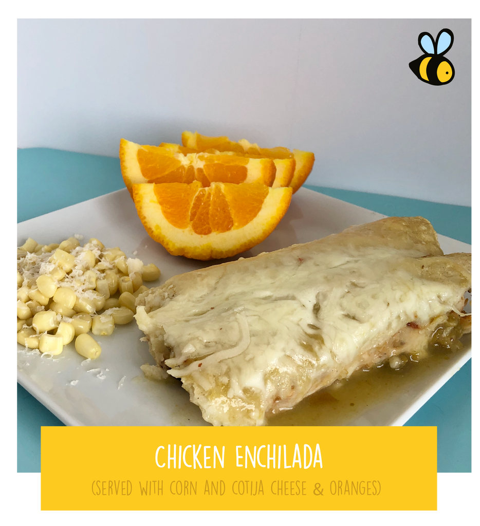 Chicken Enchilada (served with corn and cotija cheese & oranges)