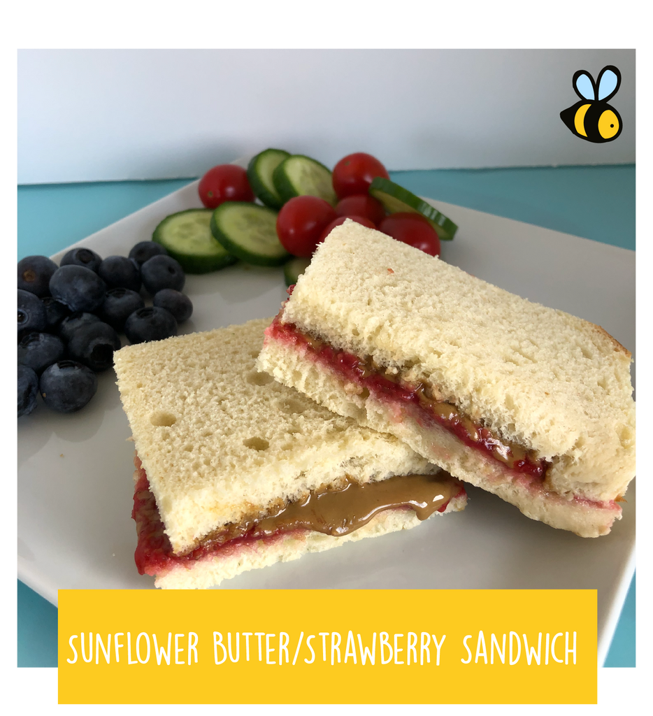 Sunflower Butter and Strawberry Sandwich (served with cherry tomatoes, cucumbers & blueberries)