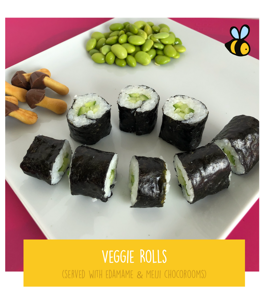 Veggie Rolls (served with Edamame & Meiji chocorooms)